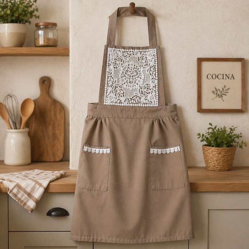 Delantal de Cocina en Algodón con Detalles en Puntilla Chocolate