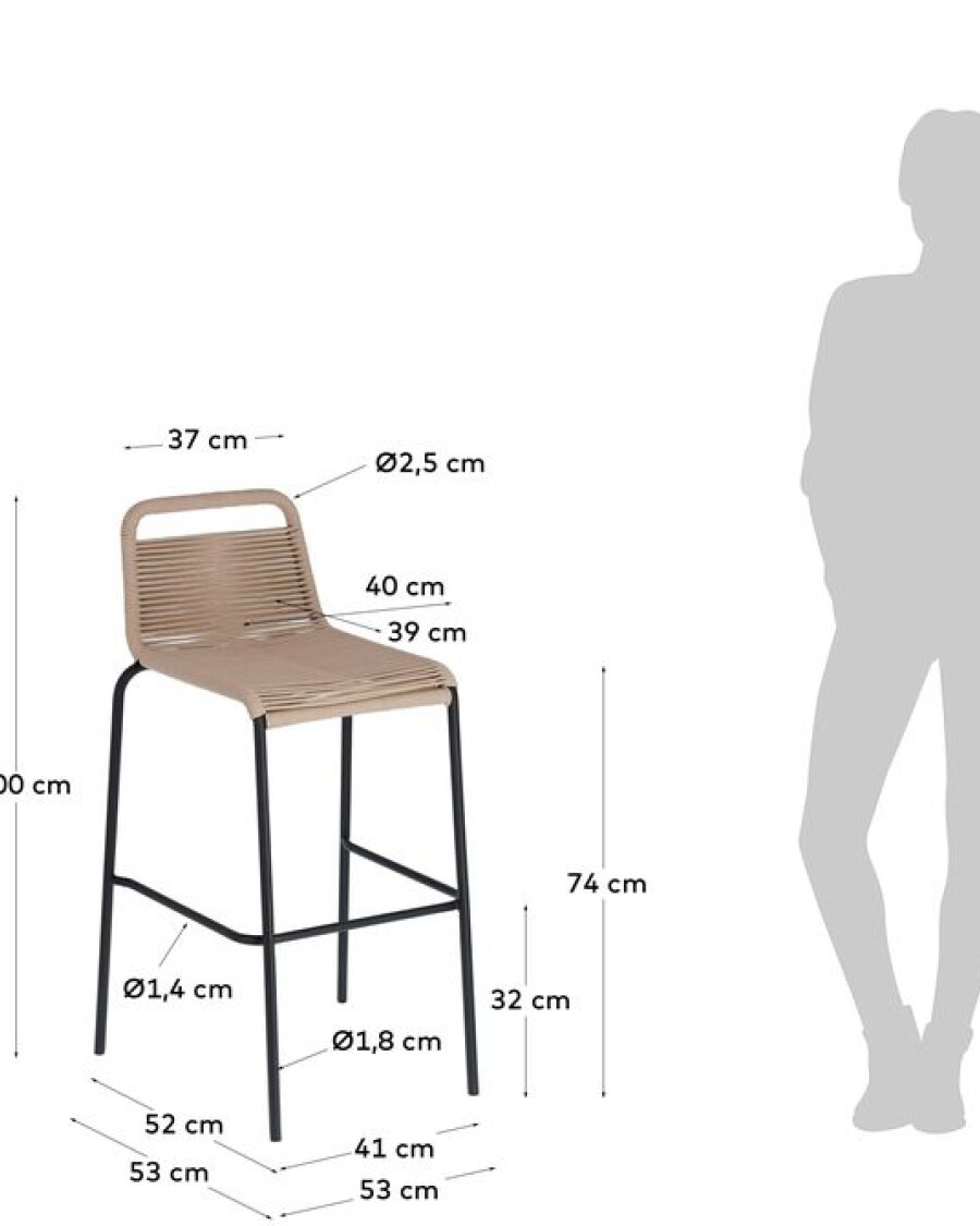 Taburete Lambton de cuerda marrón y acero con acabado negro altura 74 cm