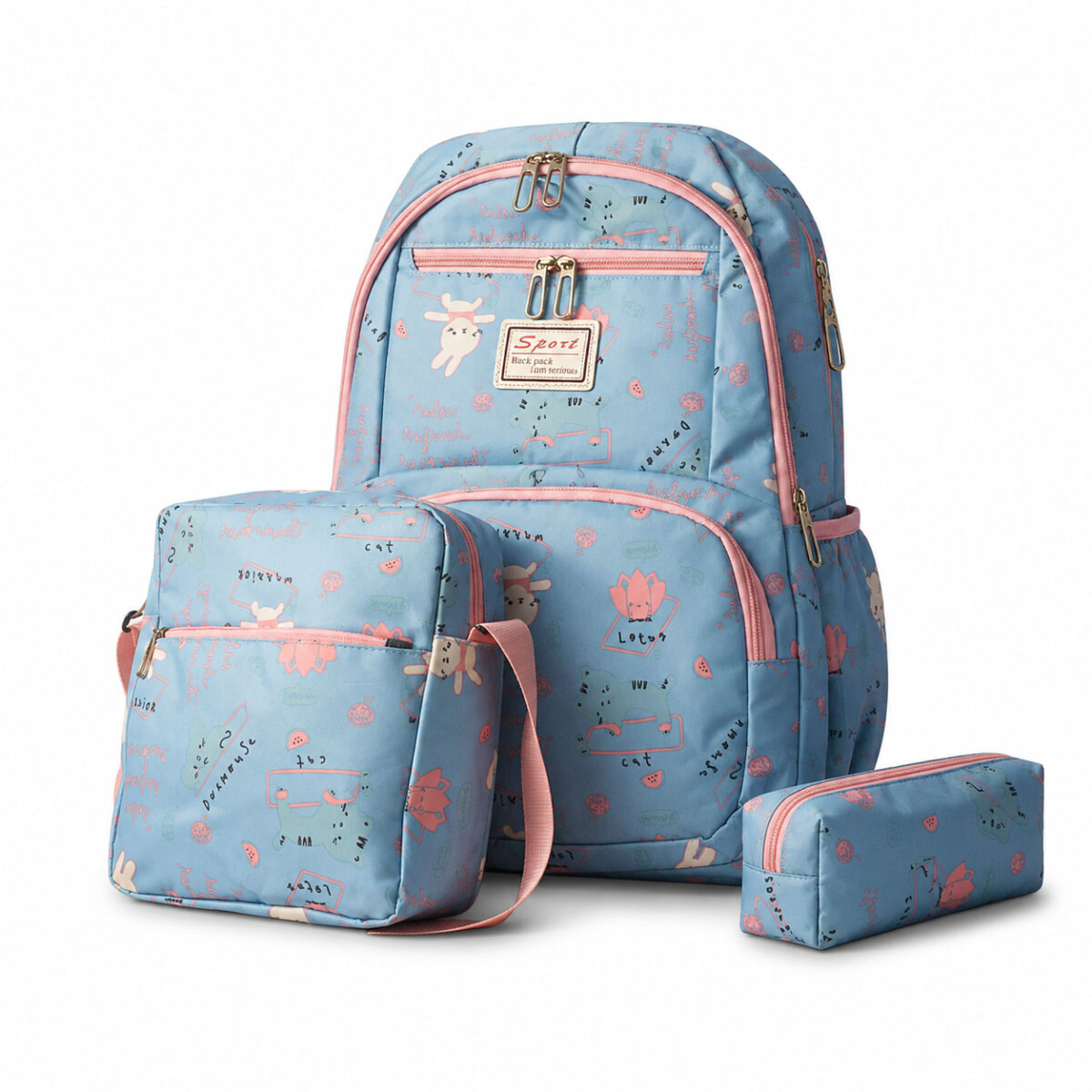 Set Mochila 3 Piezas Diseño Animalitos Escolar Resistente - Celeste 