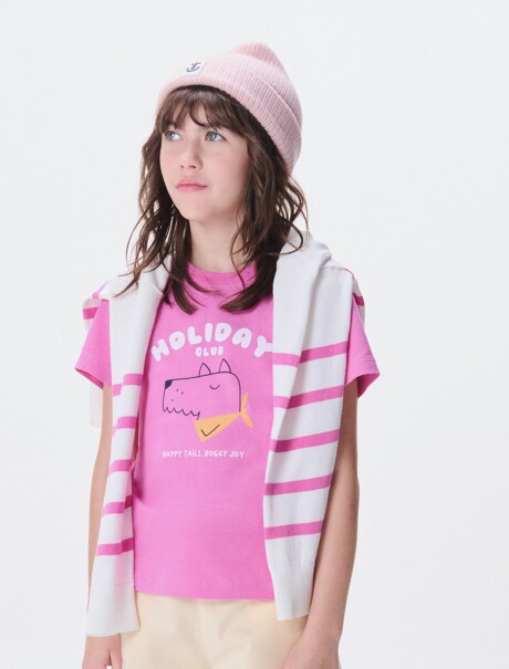 CAMISETA DE NIÑA MANGA CORTA ESTAMPADA ROSA