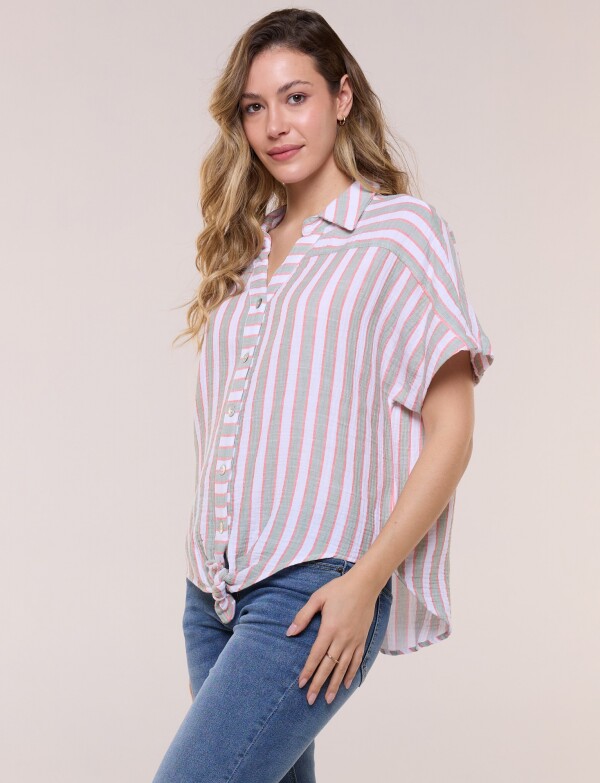Camisa Con Nudo Frontal Y Manga Corta MULTI/VERDE