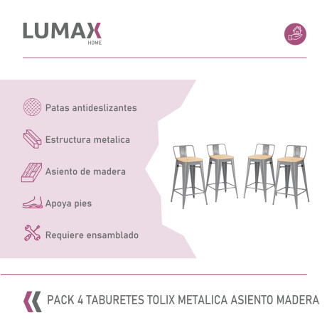 Pack 4 Taburetes Tolix con Respaldo y Asiento de Madera Lumax Gris