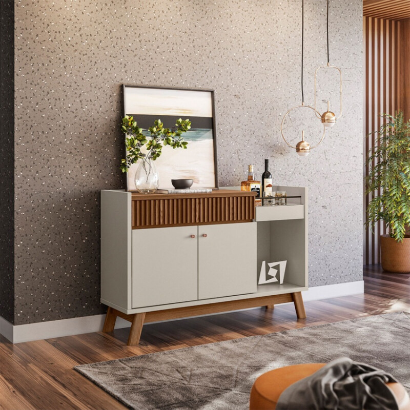 Aparador PIEMONTE Amendoa Off White – 2 Puertas, Bar con Espejo y Cajón Aparador PIEMONTE Amendoa Off White – 2 Puertas, Bar con Espejo y Cajón