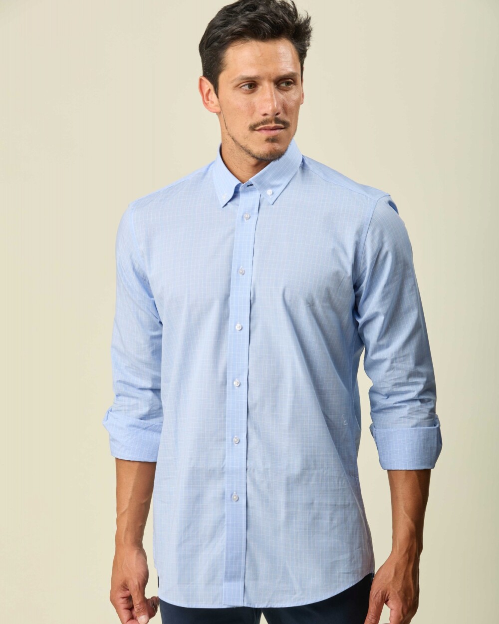 Camisa Sport Algodón Manga Larga Celeste Cuadro Blanco