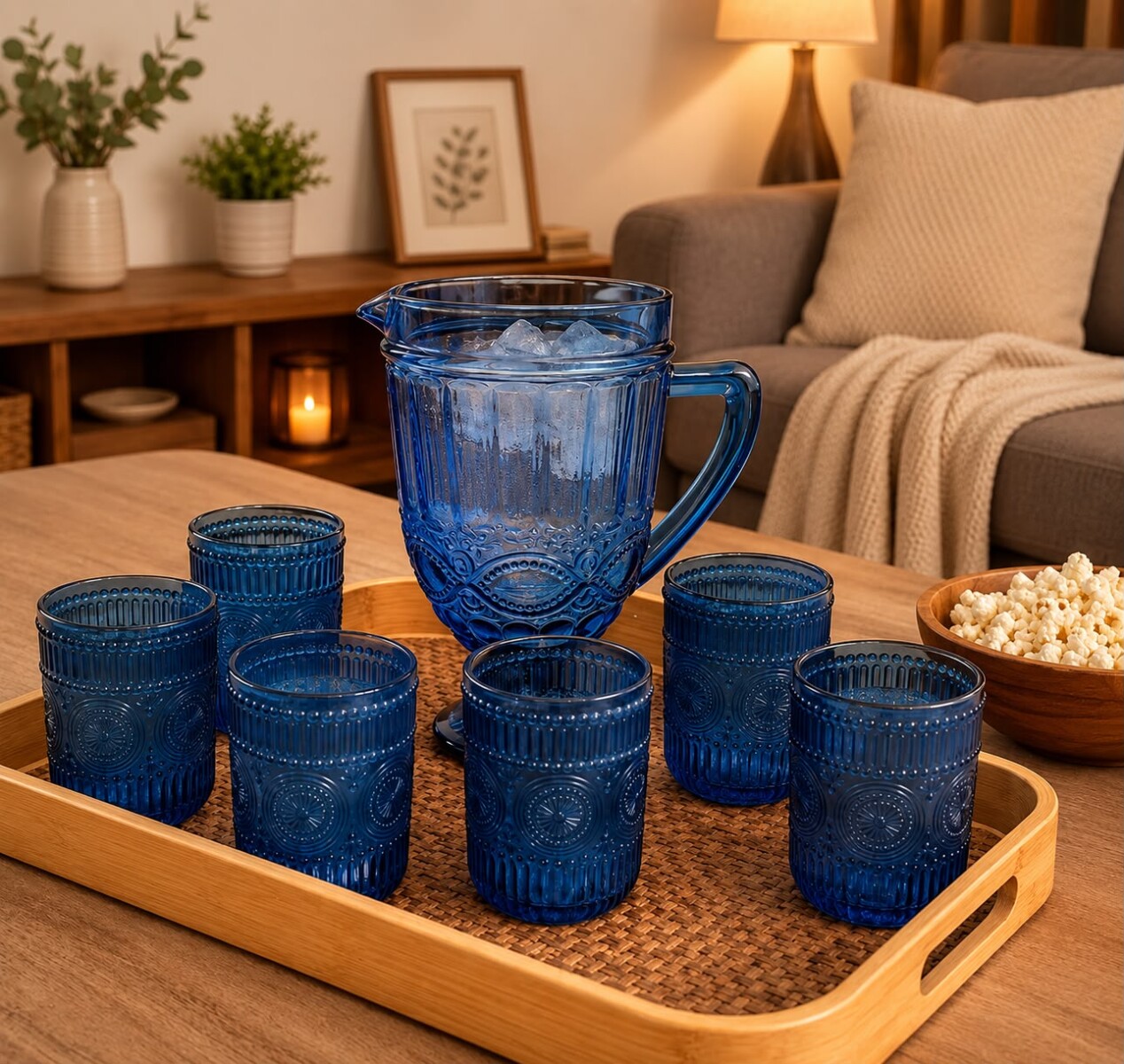 Combo ''Encuentro'' Jarra Labrada Azul, Set 6 Vasos Labrados Azul y Bandeja Rectangular Simil Rattán Grande 