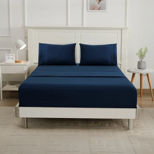 JUEGO DE SABANAS PREWASH CON BORDADO LANCASTER 2 PLAZAS AZUL