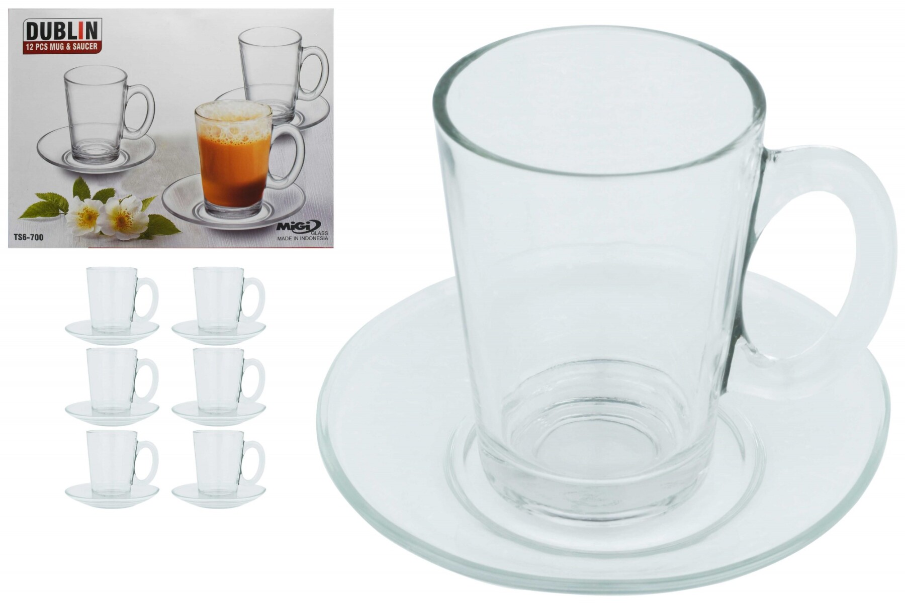 JUEGO TE 12PCS VIDRIO LISO TAZA ALTA + PLATO 