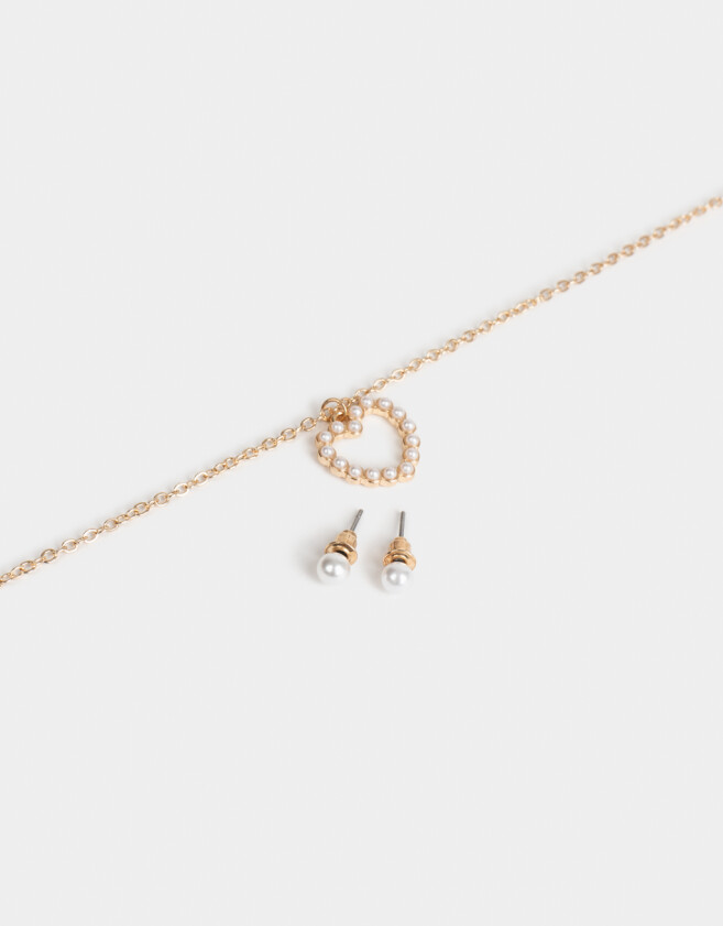 Bijouterie Set Con perlas Set De Cadena Y Aros Pasantes Con Perlas - Dorado