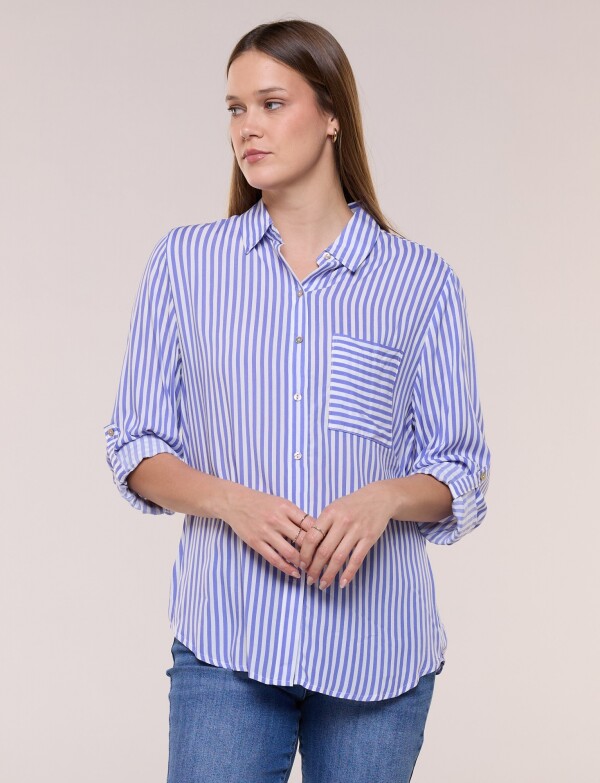 Camisa Clásica Rayada Con Mangas Arremangables AZUL