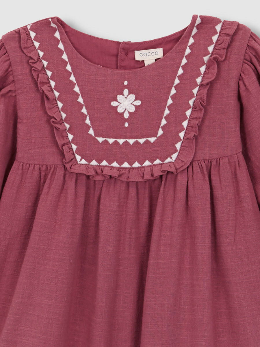 Vestido Manga Abullonada Con Bordados Berenjena