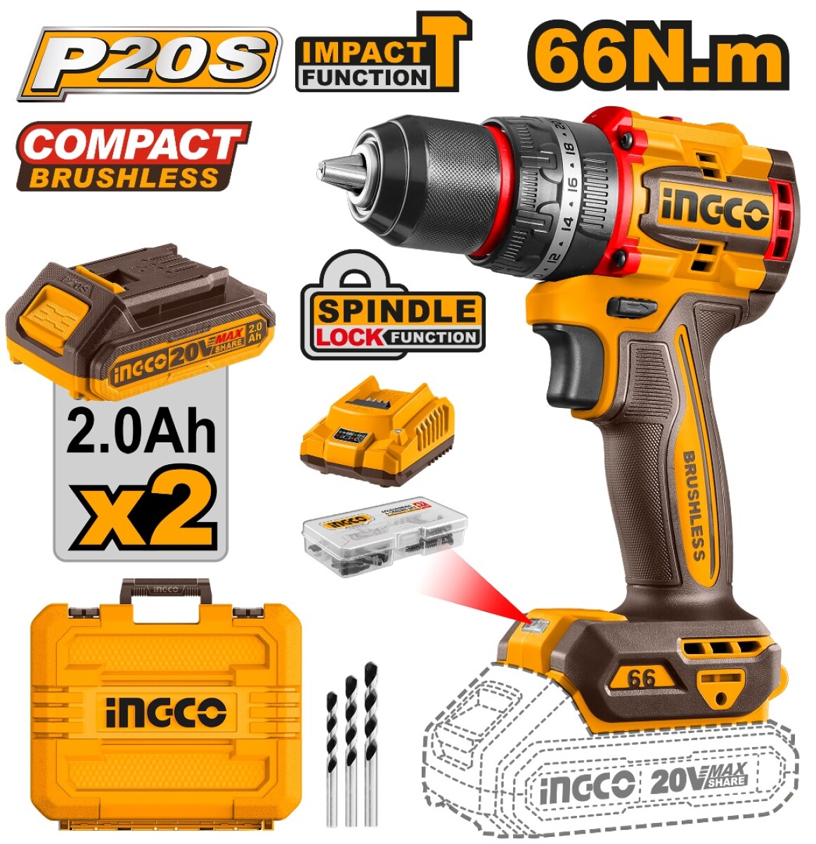 Set atornillador 20v + 2bat + maleta Ingco 