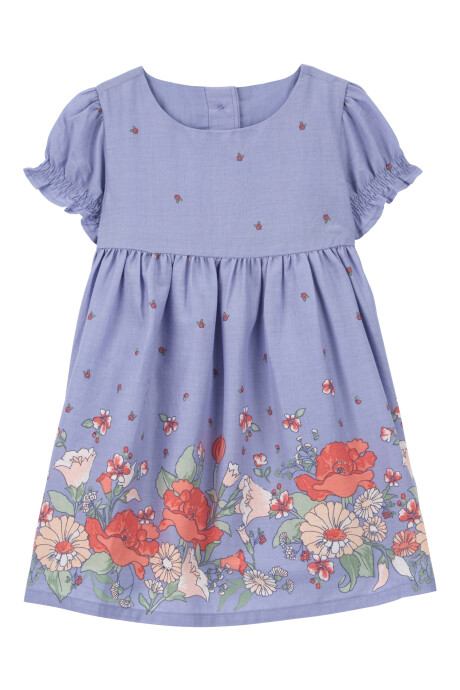 Vestido de algodón, mangas abullonadas, diseño floral Sin color