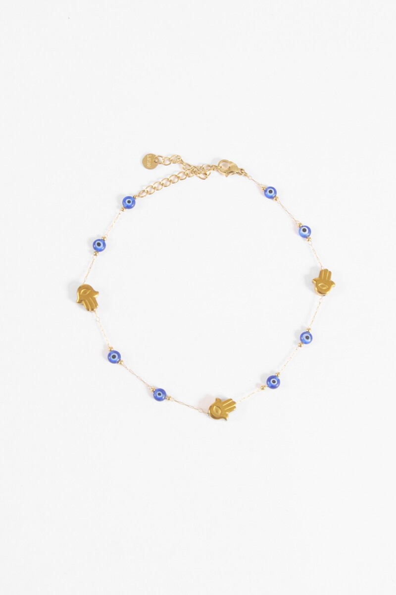 Tobillera acero ojitos hamsa resina dorado