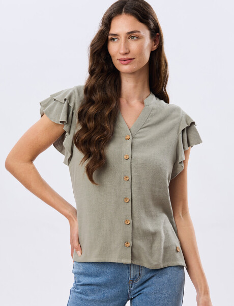 CAMISA DE LINO CON VOLADOS Verde