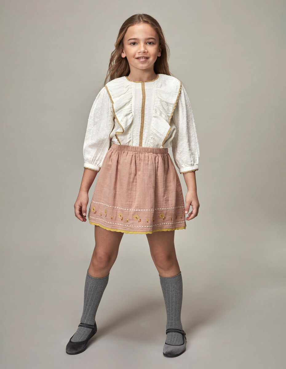 Blusa Manga Al Codo Con Tiras Bordadas - Crudo 