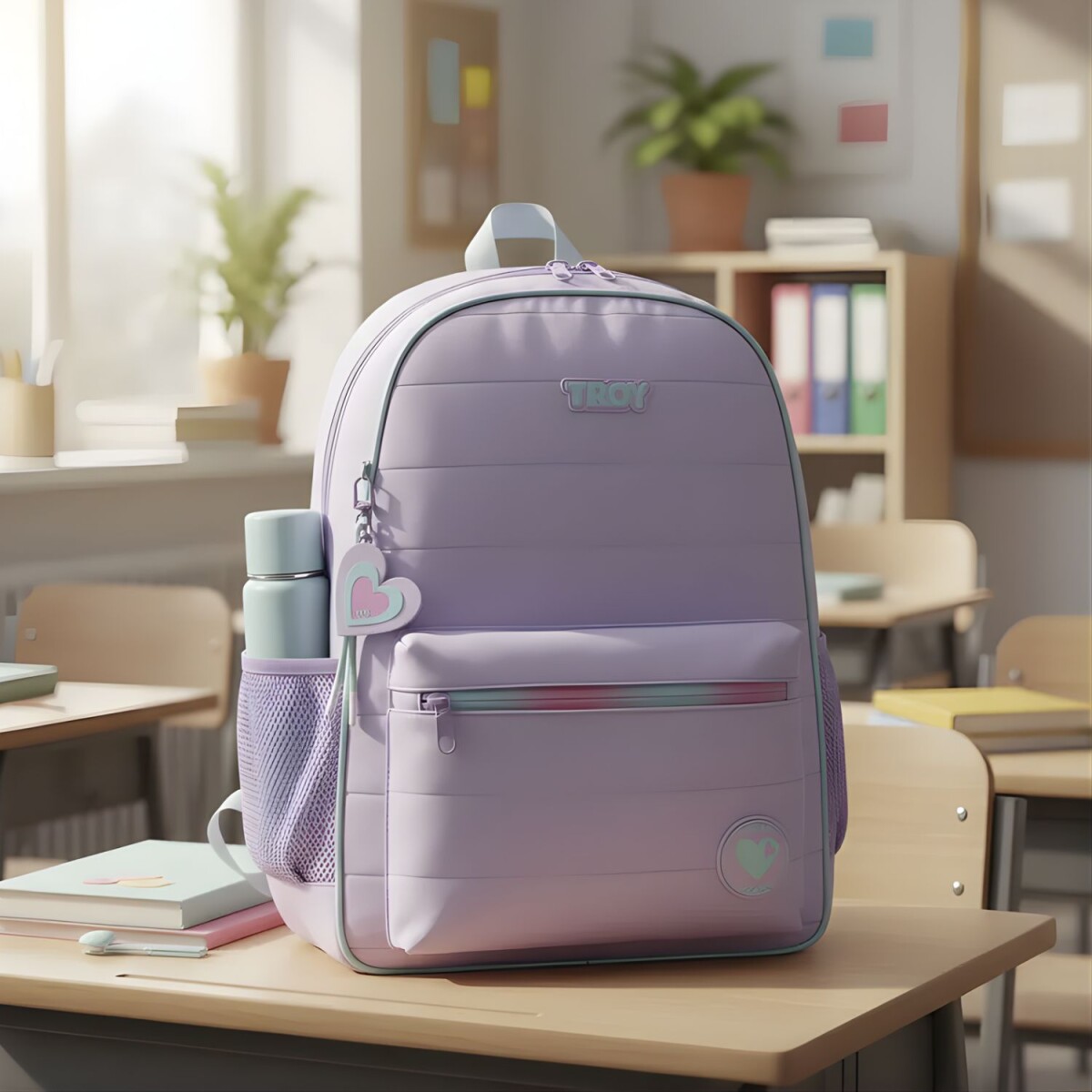 Mochila Escolar Trendy Con Porta Botellas Y Llavero Para Uso Infantil Diario - Lila 