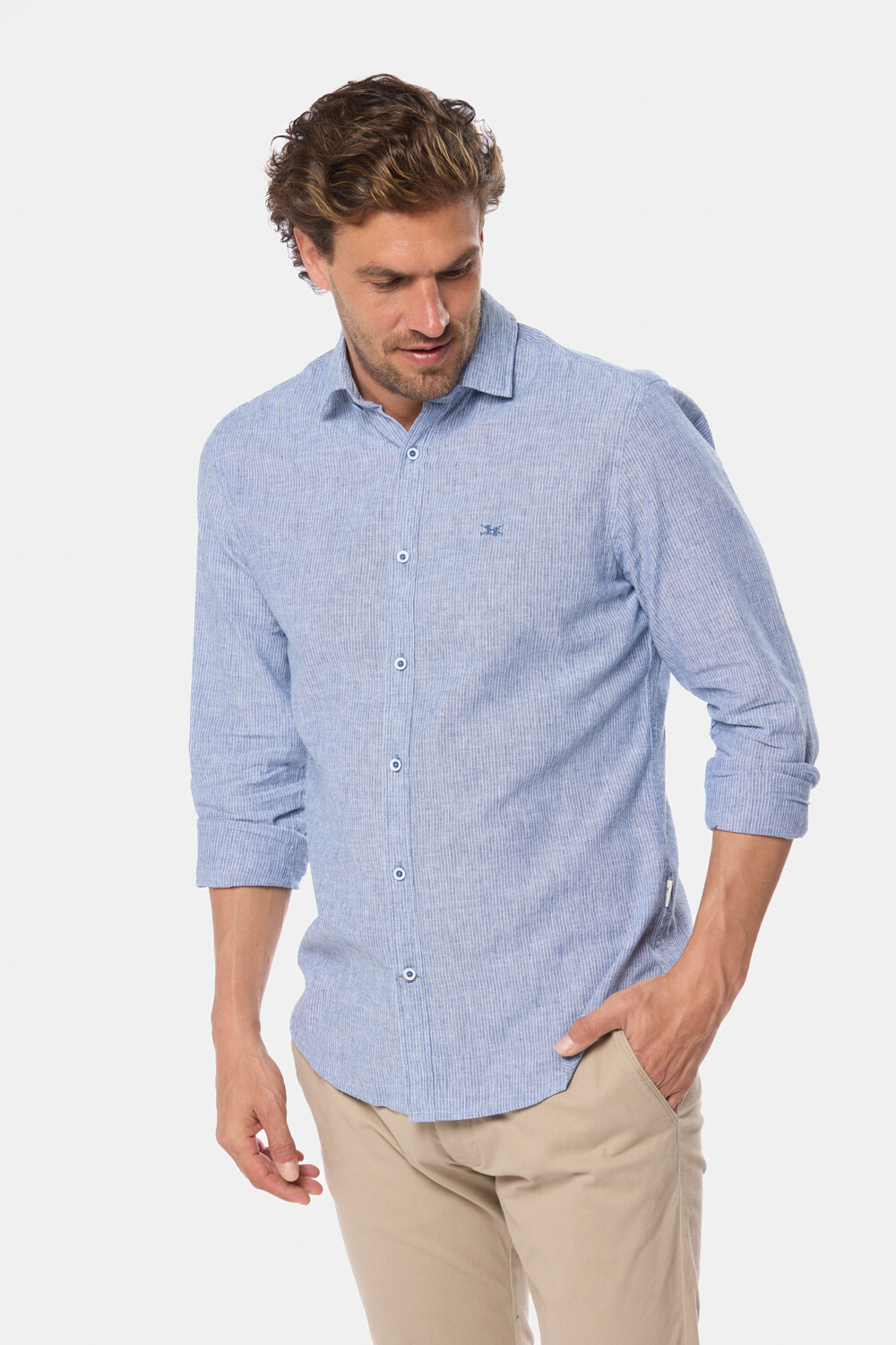 CAMISA DE LINO RAYADA Azul