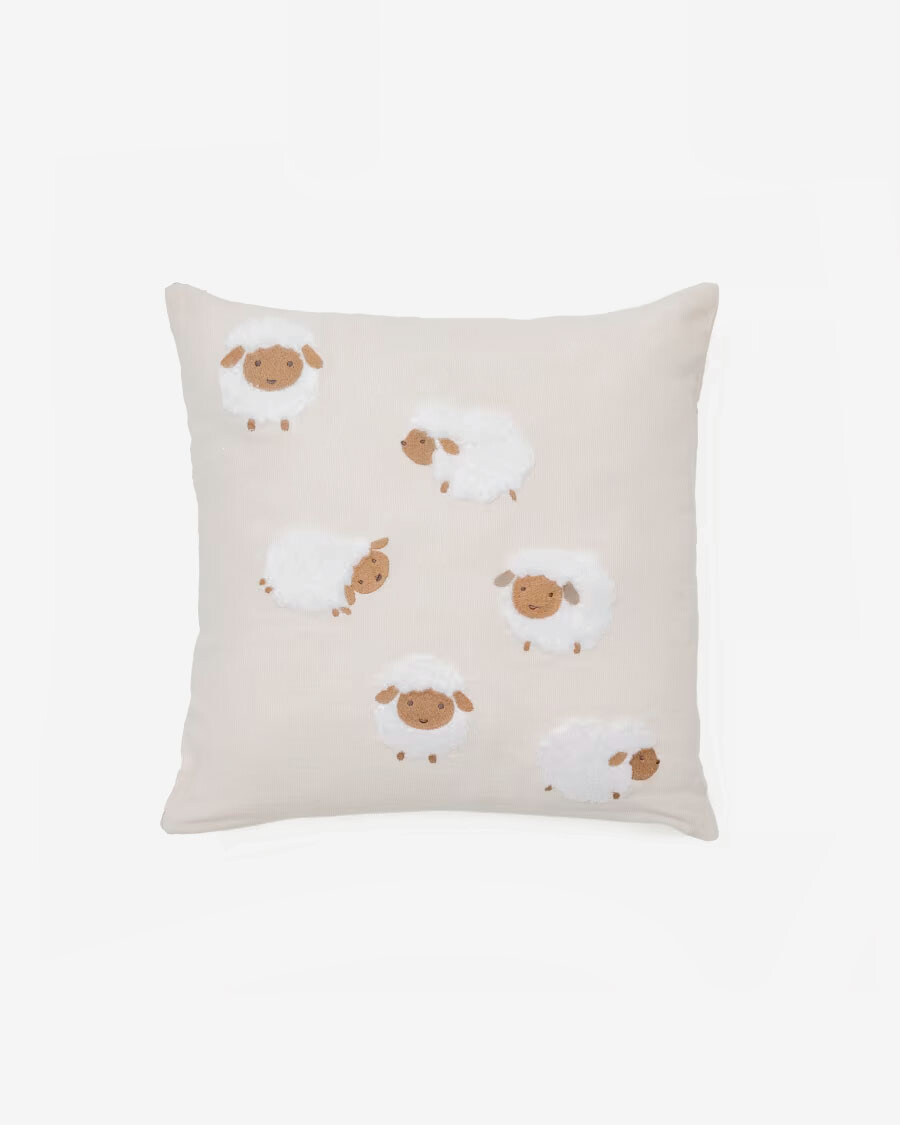 Almohadón Milu de algodón beige bordado de ovejas 45 x 45 cm