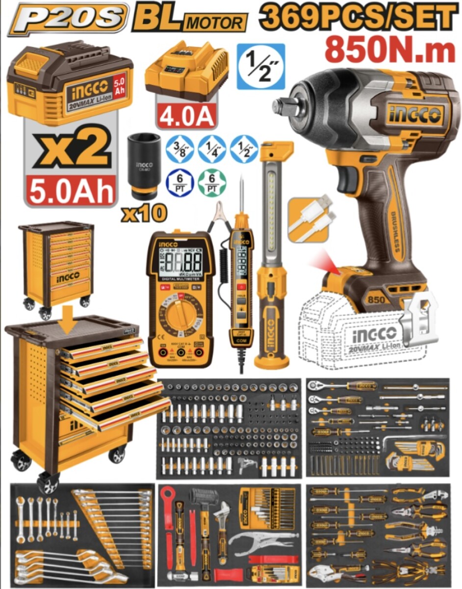 SET DE 369 HERRAMIENTAS + GABINETE METALICO CON CAJONES INGCO HTCS283692 