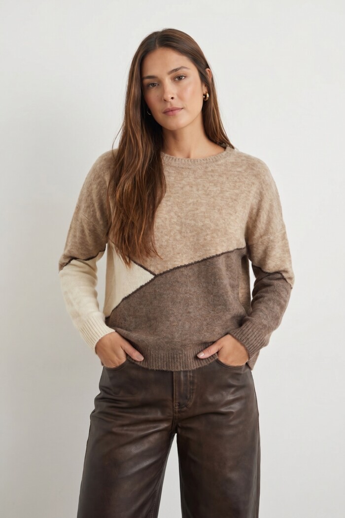Sweater Intarsia Color Block Marrón