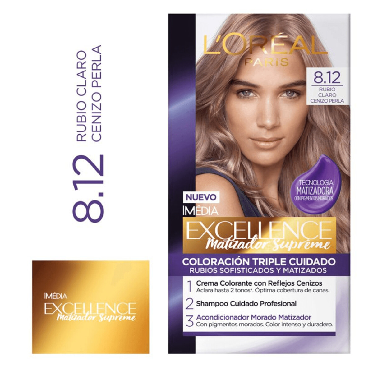 Tinta L'Oréal Paris Excellence Creme N°8.12 Rubio Claro Cenizo 
