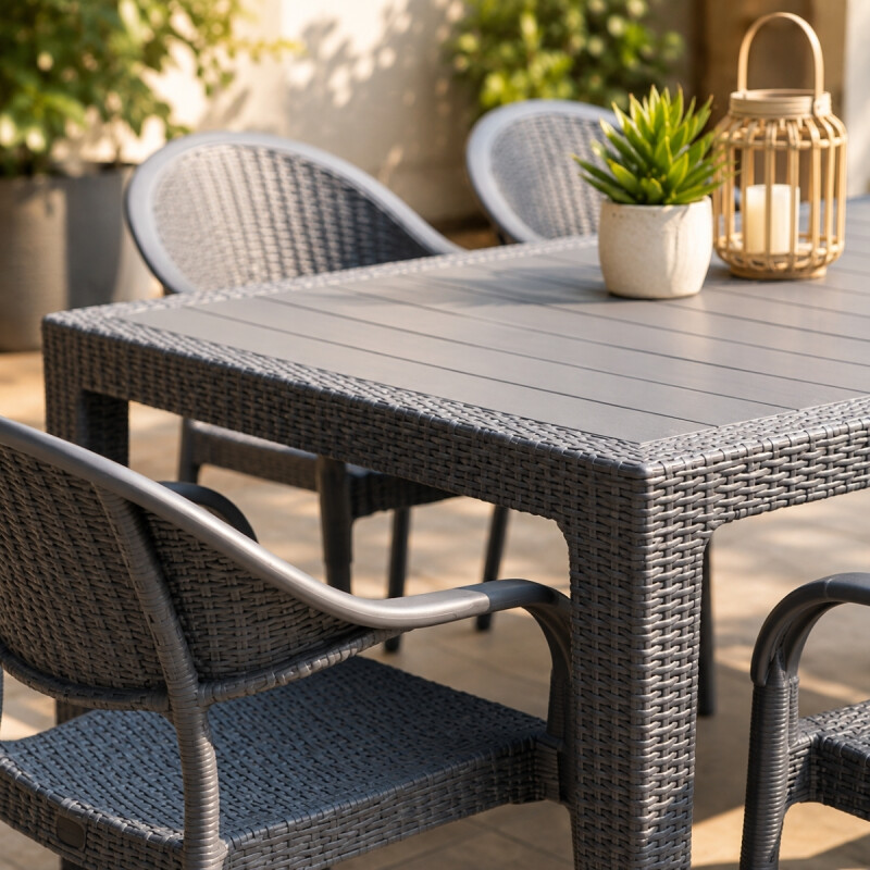 Juego de jardín 6 sillas con apoya brazo + mesa GRIS