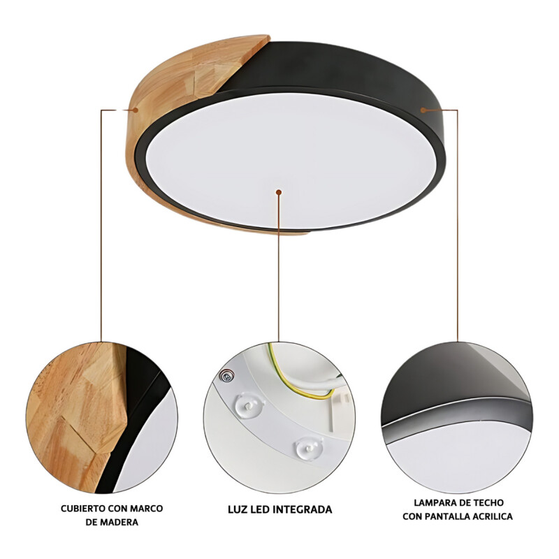 Luminaria Plafon Led Diám 30cm Metal Y Madera Luz cálida Negro