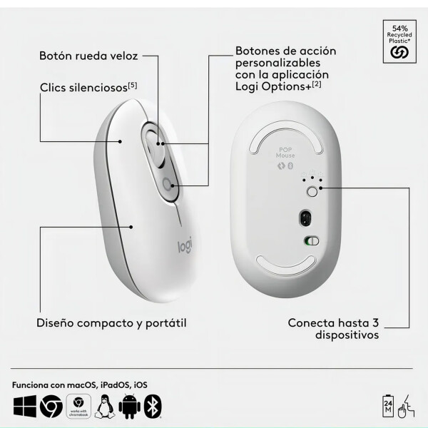 Combo Ligitech Teclado Mouse Pop Icon Blutooth BLANCO