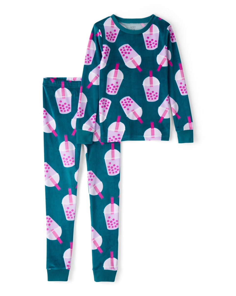 Pijama dos piezas de DreamPlush, remera y pantalón, diseño té de burbujas 