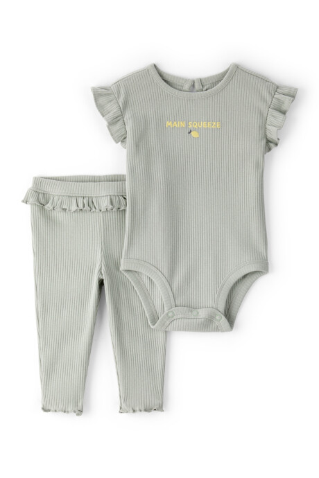 Set dos piezas de algodón acanalado, pantalón y body con volados, verde Set dos piezas de algodón acanalado, pantalón y body con volados, verde