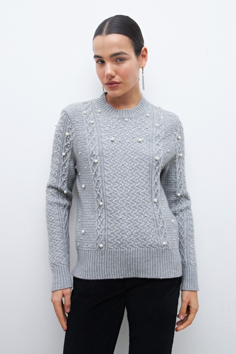 Sweater con estructuras y perlas gris melange