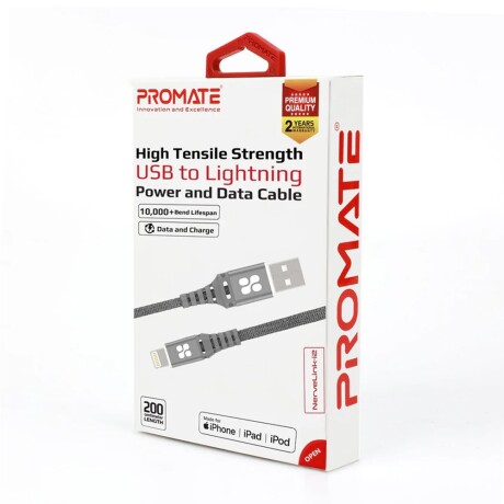 Cable p/Iphone Datos y Carga Rápida 2Mt Promate NerveLink-i2 Gris
