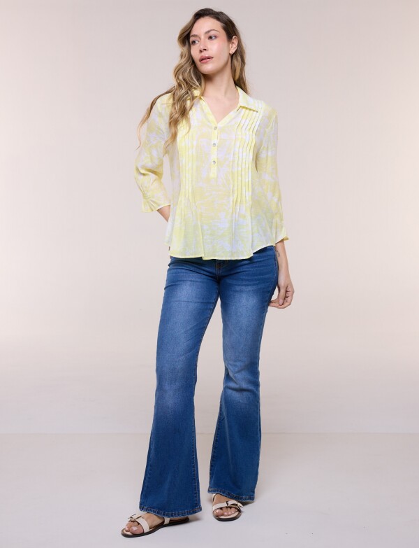 Blusa Estampada Pincelada Con Alforzas AMARILLO