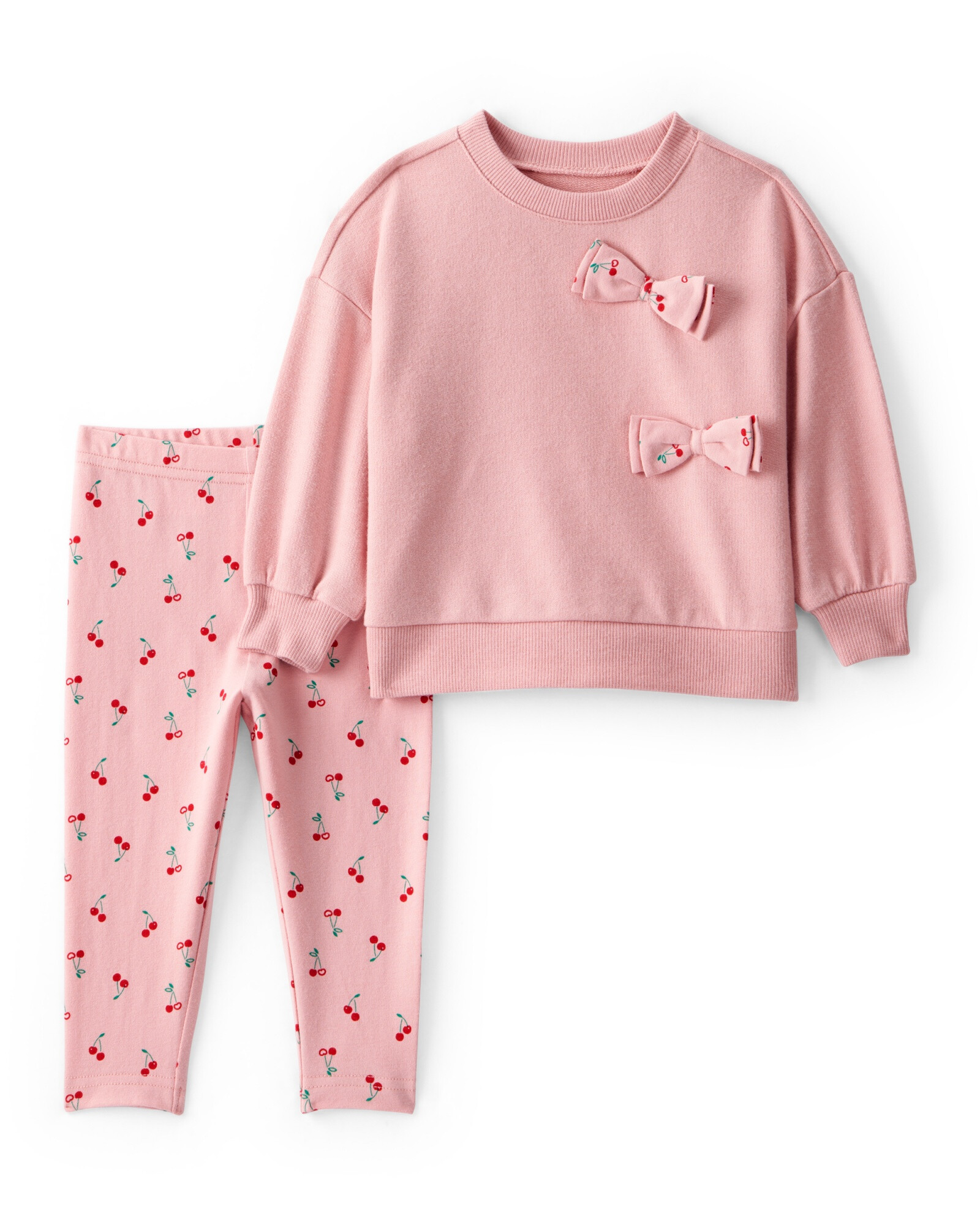 Set dos piezas de algodón, pantalón y buzo, rosado, diseño cerezas. Talles 6-24M Sin color