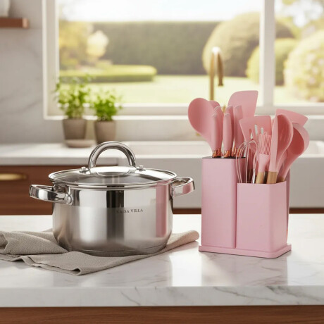 Set Cocina Utensilios 19Pzs + Olla Acero Inoxi 22cm 4,8L Rosa