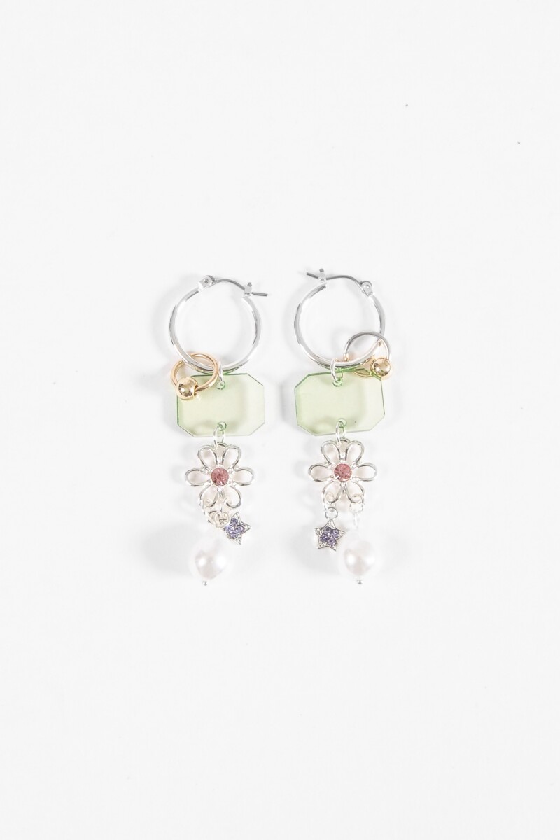 Caravanas aro dijes flor y perla plateado