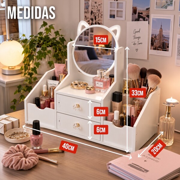 Organizador De Maquillaje Tocador Con Espejo y Cajones IMBACK Color Blanco Organizador De Maquillaje Tocador Con Espejo y Cajones IMBACK Color Blanco
