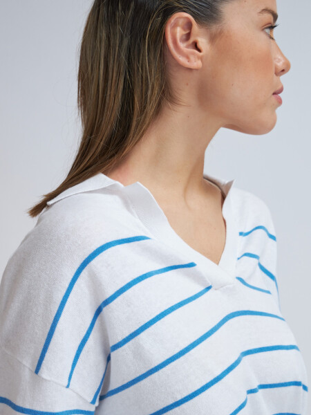 Sweater tejido cuello polo Blanco Con Turquesa