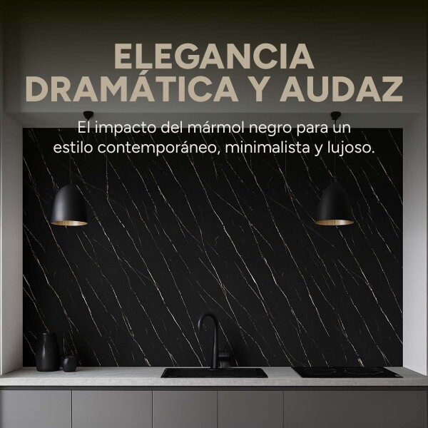 Placa PVC Símil Mármol 2,44x1,22m 3mm Resistente Agua Calor Diseño Mármol Negro