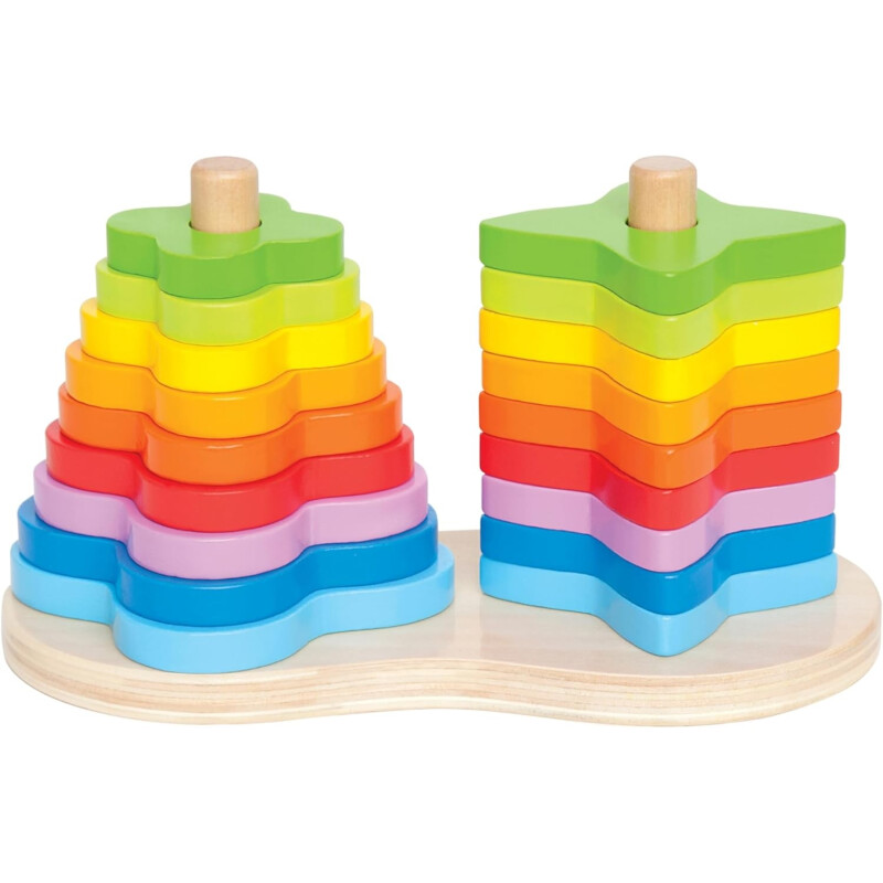 Juego de anillos de madera con doble apilador de arco iris Juego de anillos de madera con doble apilador de arco iris