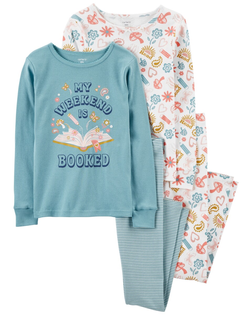 Pijama cuatro piezas de algodón, dos remeras y dos pantalones, diseños vacaciones 