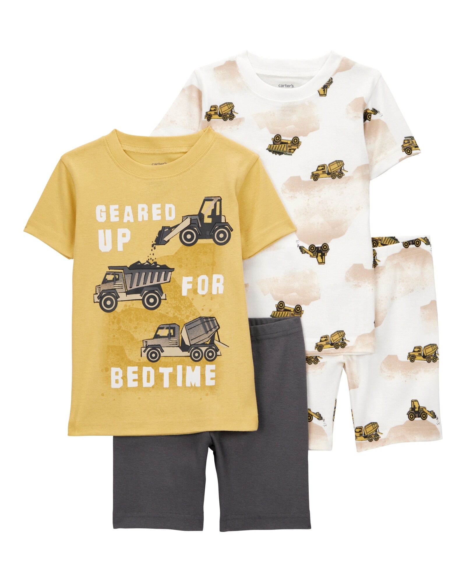 Pijama cuatro piezas de algodón, dos bermudas y dos remeras, diseño constructor Sin color