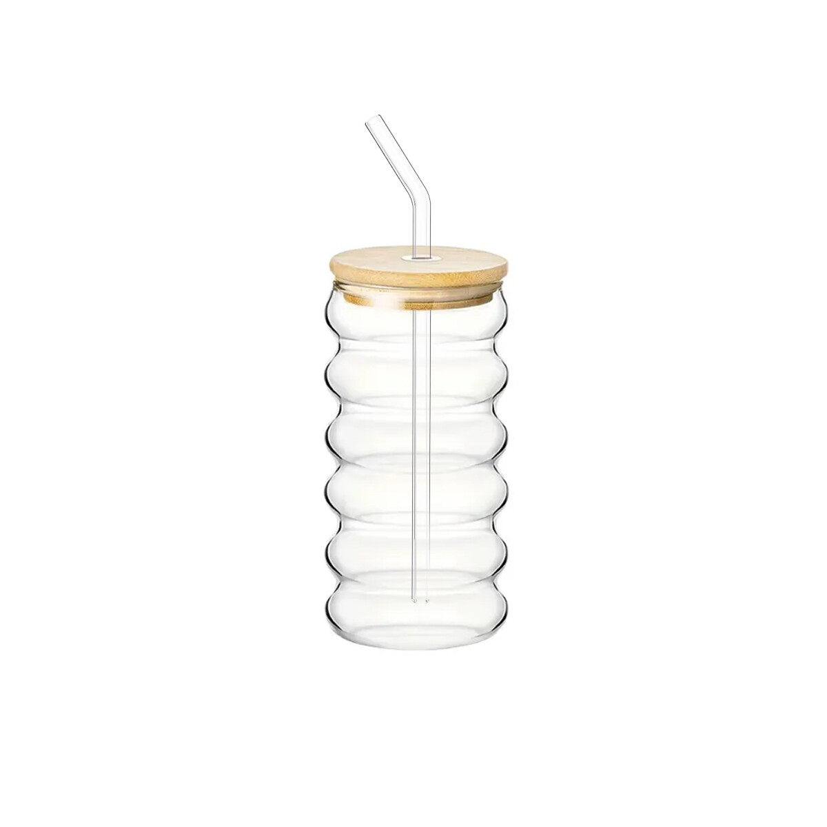 Vaso de vidrio ondeado con tapa de madera y sorbito - Transparente 