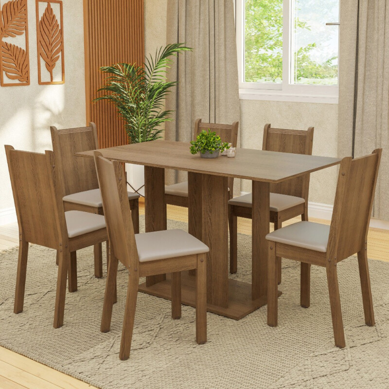 Juego De Comedor 6 Sillas Tapizadas Mesa De Living Rustico Marrón