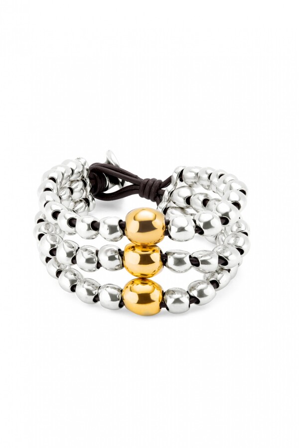 PULSERA DE TRES TIRAS DE CUENTAS DE ALEACIÓN DE METALES BAÑADAS EN PLATA DE LEY Y BOLA EN ORO 18K Pulsera