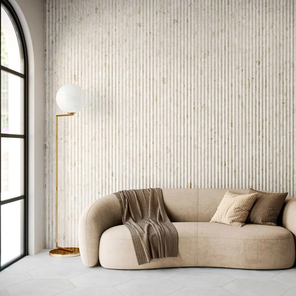 PORCELANATO FLUTED TERRAZO BEIGE RET "A" 40X120 CM Porcelanato Fluted Terrazo Beige Ret "a" 40x120 Cm