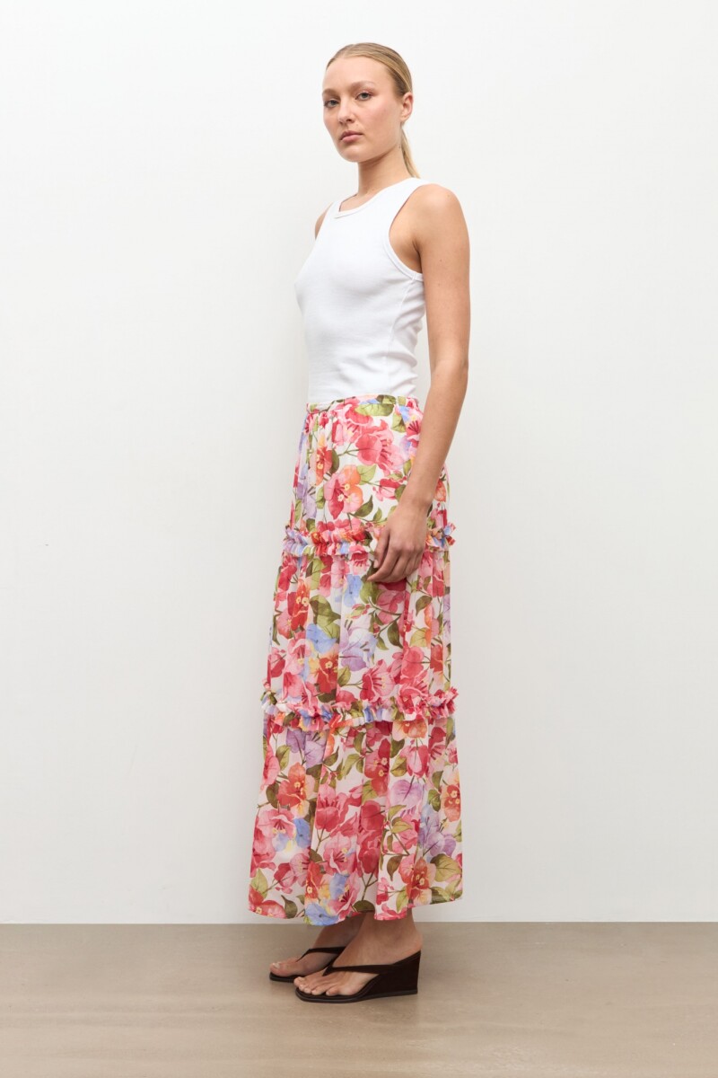 Maxi falda estampa Santa Rita rosado