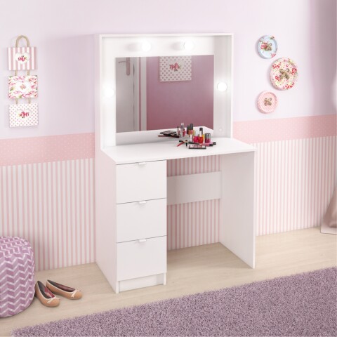 Mueble Tocador Con Espejo Porta Lámparas Luz Maquillaje Con Cajones - MDP - Blanco Mueble Tocador Con Espejo Porta Lámparas Luz Maquillaje Con Cajones - MDP - Blanco