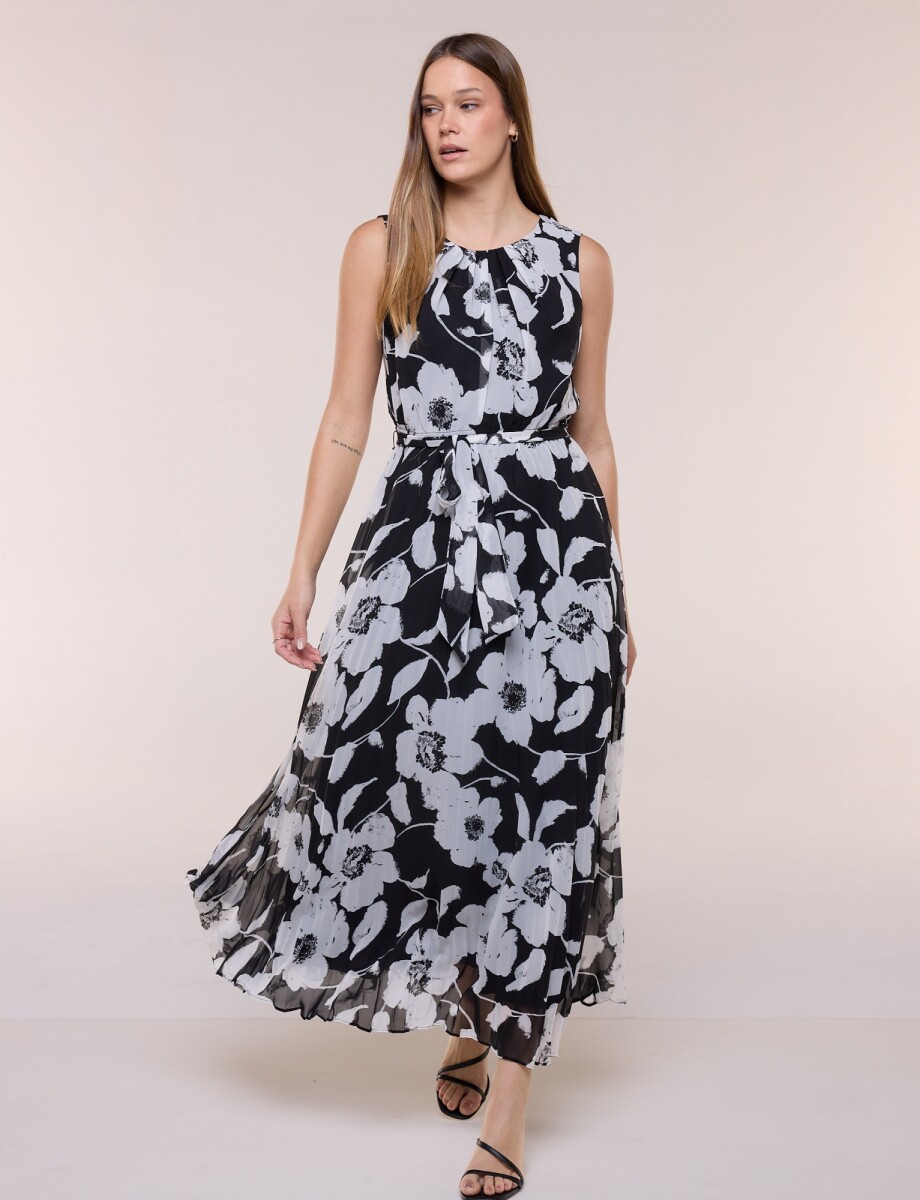 Vestido Maxi Plisado - Blanco/negro 
