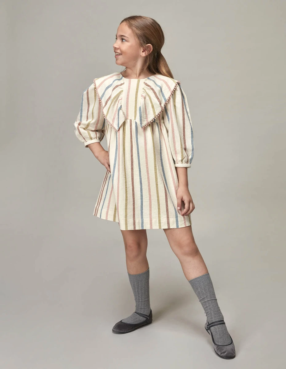 Vestido De Rayas Con Volante - Crudo 